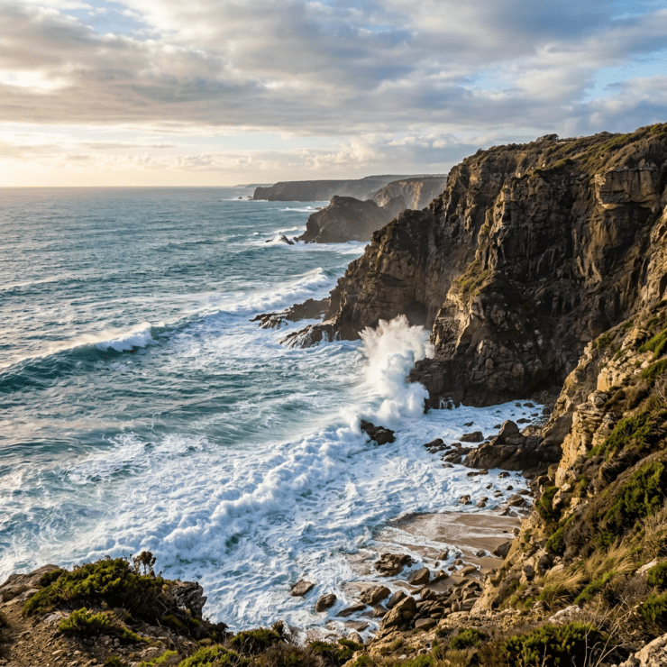 Ocean waves breaking powerfully on rugged rocky cliffs with a sandy shore